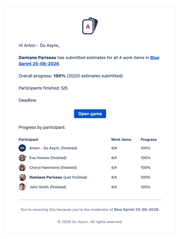 Async Poker for Jira email notification showing participant estimation progress Async Poker for Jira email notification showing participant estimation progress