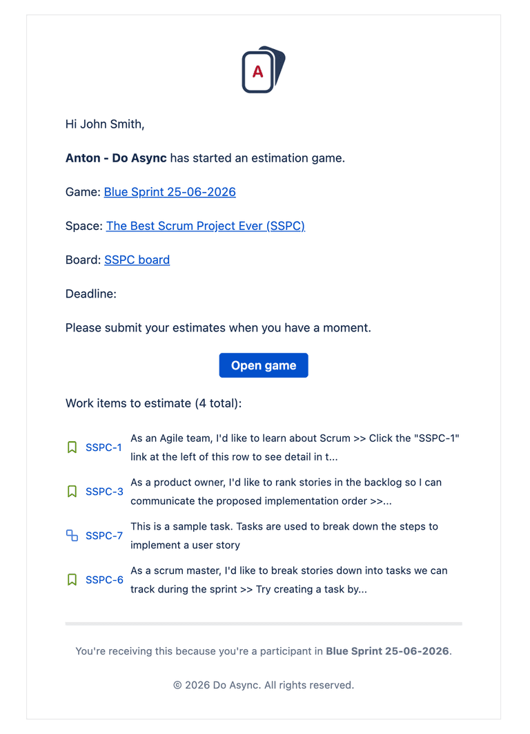Async Poker for Jira email notification for a started estimation game Async Poker for Jira email notification for a started estimation game