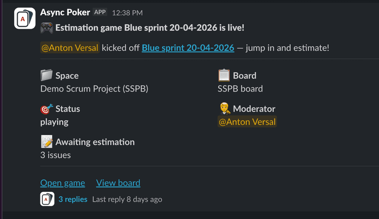 Async Poker for Jira Slack notification for a started estimation game Async Poker for Jira Slack notification for a started estimation game