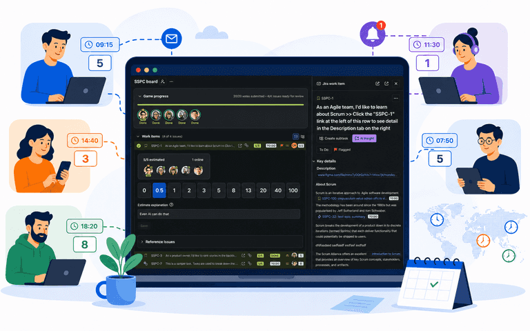 Flat illustration of asynchronous Planning Poker in Jira Flat illustration of asynchronous Planning Poker in Jira